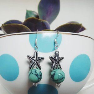 Silver Seastar Turquoise Howlite Hook Earrings